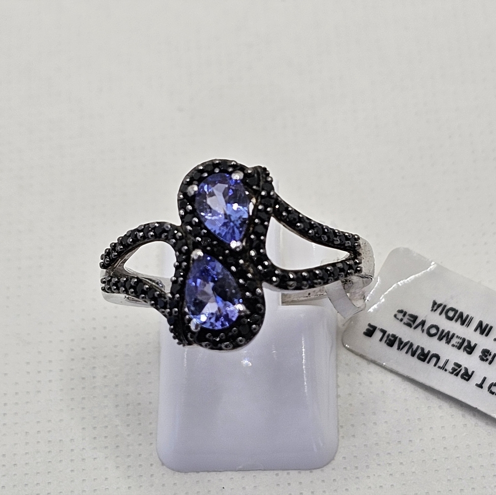 Natural Tanzanite & Black Spinel Ring Sterling Silver Platinum Overlay Sz 9! - Picture 5 of 7